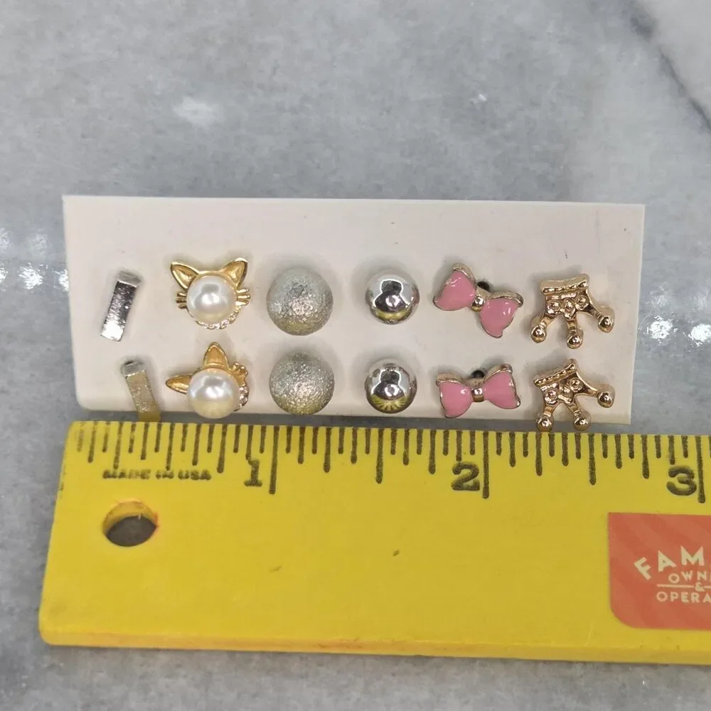 Kids Stud Earrings Set 6 Pairs Cat Pearl Pink Bow Crown Ball Multicolor Enamel
